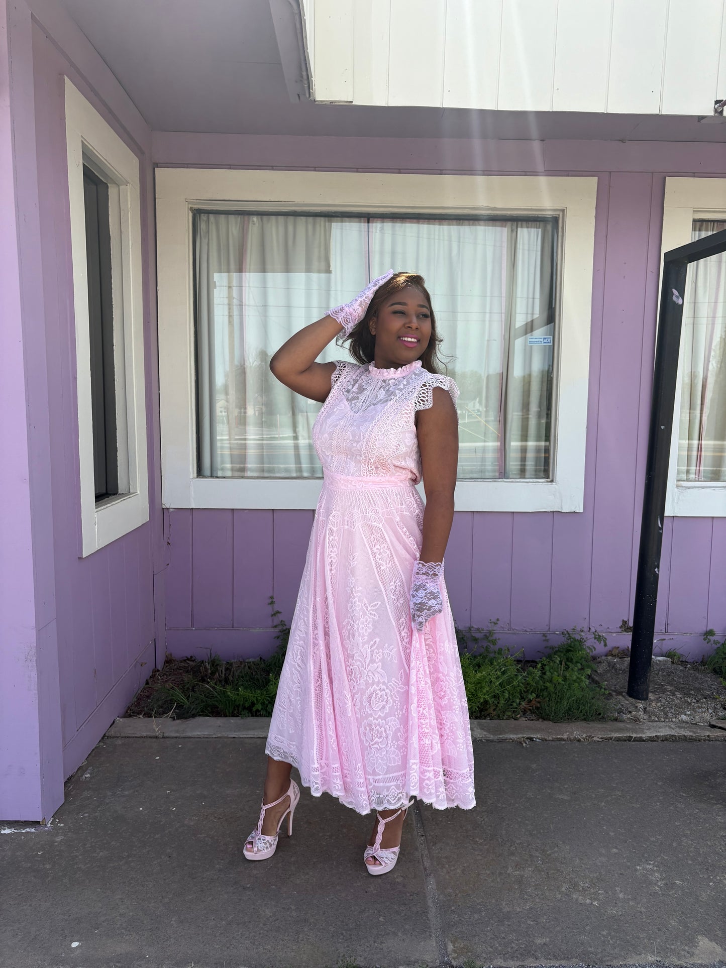 Lace Me Up – Pink Lace Ensemble with Matching Gloves