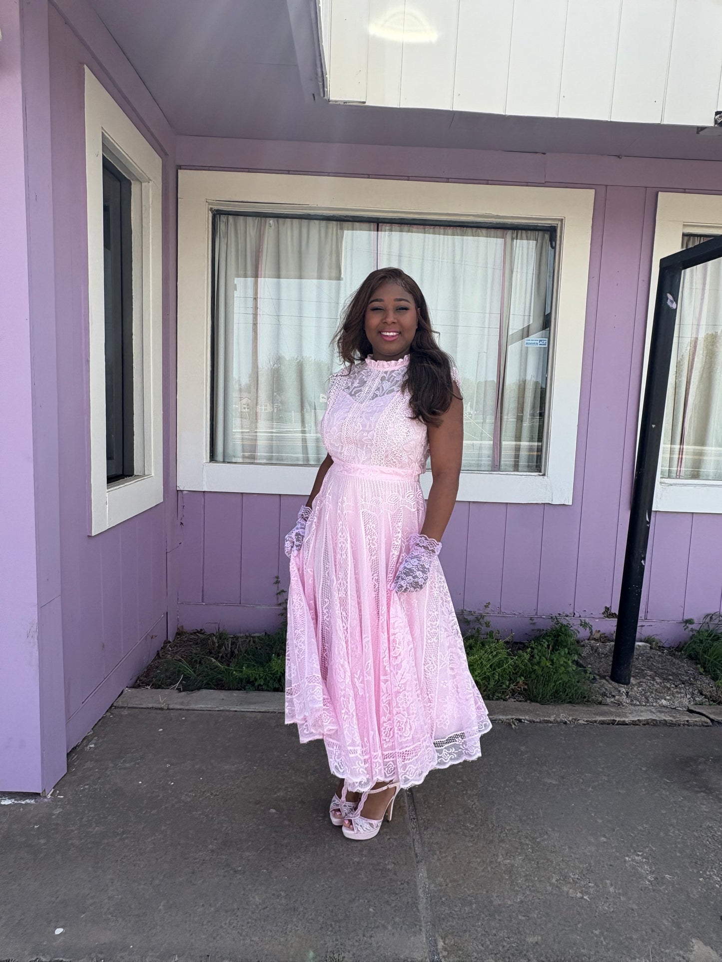 Lace Me Up – Pink Lace Ensemble with Matching Gloves
