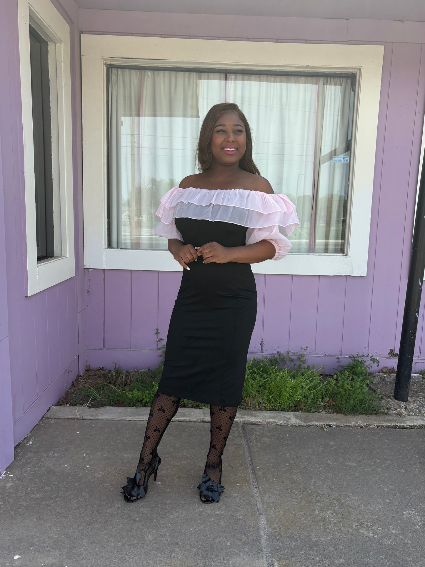 Dark Feminine Spring – Black Bodycon Dress with Pink Ruffle Detail