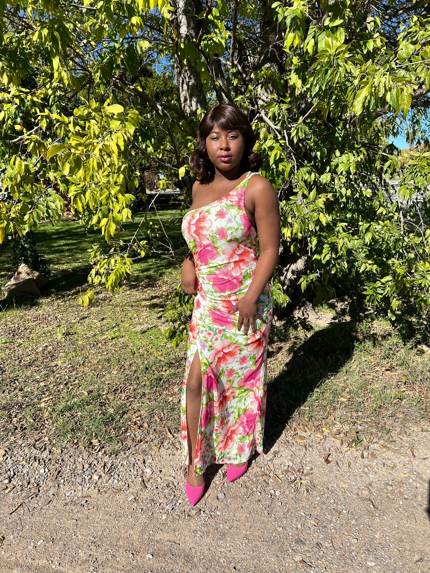 Pink Floral Green leaves high split one shoulder maxie dress
