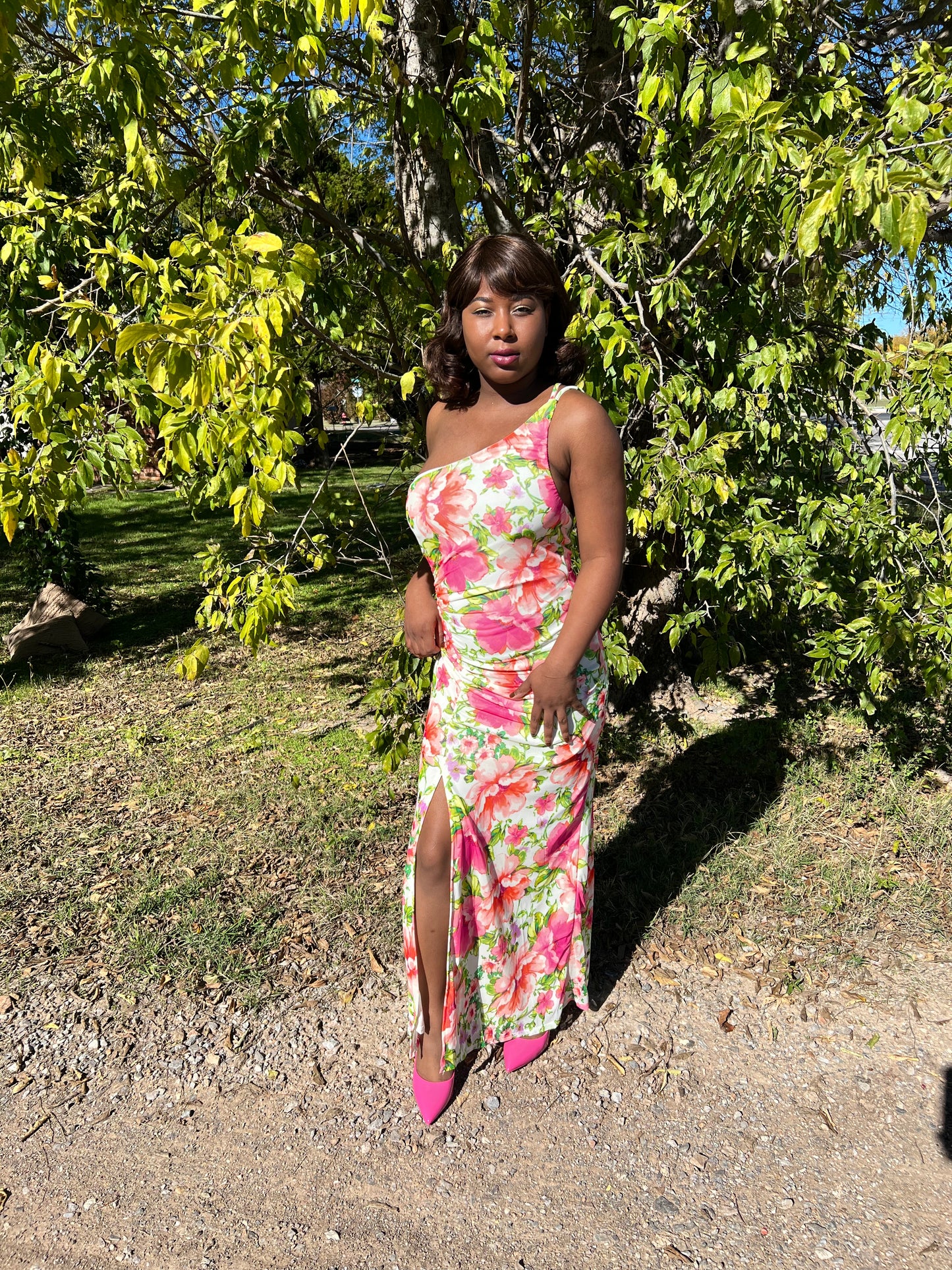 Pink Floral Green leaves high split one shoulder maxie dress