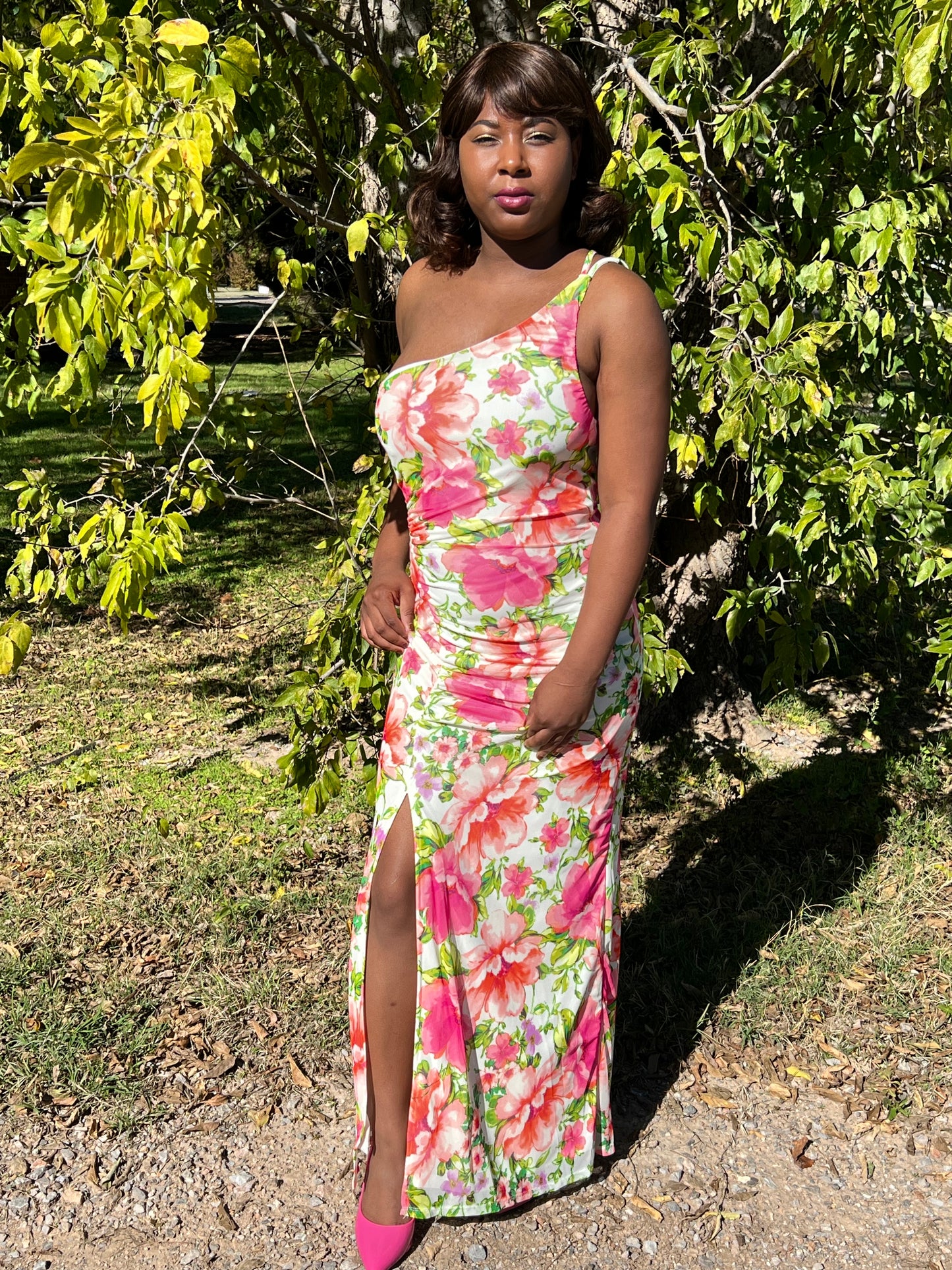 Pink Floral Green leaves high split one shoulder maxie dress