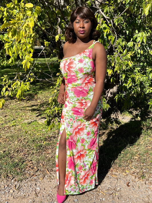 Pink Floral Green leaves high split one shoulder maxie dress